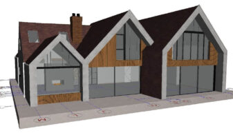 Digital rendering of a modern two-story house design with large glass windows, gabled roofs, and wooden accents. The house features an open layout with visible interior spaces, including a fireplace. Exterior includes a patio and structural outlines.