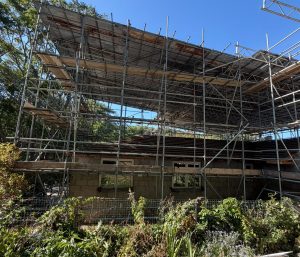A building under construction, surrounded by metal scaffolding, stands behind a patch of green plants and wildflowers, with a clear blue sky above.